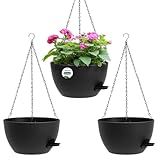 AHJZO 3 Pack 10 Hanging Flower Pots with Chains Self Watering Plastic Planters for Indoor Outdoor Plants, Sturdy Triangular Iron Chain Design for Garden PorchPlastic Hanging Flower pots (3, Black)