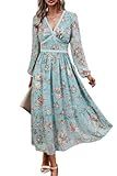 Women's Spring Wrap Maxi Dress Floral V Neck Long Sleeve Wedding Guest Party Casual Chiffon Dress Lake Blue S