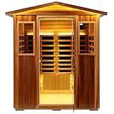KUNSANA Red Cedar 4 Person Outdoor Ultra-Low EMF(0.5mg) Infrared Sauna, Multi-Person Home Sauna spa, 2160w,12 Heating Panels, LCD Control Panel, Bluetooth Speaker, Chromotherapy Lights, Reading lamp
