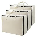 AMJ Set of 3, Canvas Storage Bag with 3-Side Zip Open & Handles, 8OZ Thick Soft Breathable Closet Organizer for Beddings, House Move or Winter Garment Storage in Wardrobe, Beige