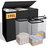 195L Laundry Hamper 3 Section,Large Laundry Hamper with Lid,Dirty Clothes Hamper with 3 Inner Bags,Collapsible Laundry Basket Organizer for Laundry Room,Bedroom,Laundry Sorter Hamper 3 Compartment
