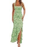 BORIFLORS Women's Elegant Ruched Floral Maxi Dress Mesh Mermaid Ruffle Wedding Guest Cocktail Long Formal Dresses, Small, Sage Green