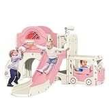NYEEKOY 9 in 1 Toddler Slide, Bus-Themed Kids Slide and Climber Playset with Basketball Hoop, Ring-Toss, Car Playhouse, Telescope, Freestanding Indoor and Outdoor Playground for Baby Age 3+