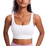 CRZ YOGA Butterluxe U Back Longline Sports Bras for Women - Scoop Neck Padded Yoga Workout Crop Top with Built in Pads White Large