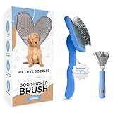 Slicker Brush for Dogs & Cleaner, Dog Grooming Supplies - Best Doodle & Poodle Brush for Long Haired Dogs - Goldendoodle Long Pin Detangler For Dematting