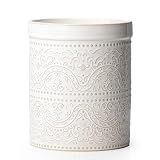 MIKIGEY Kitchen Utensil Holder, 7 Inches Large Ceramic Utensil Holder for Countertop, Lace Emboss Cooking Utensil Crocks for Kitchen, Home Decor, Off-White