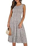 ANRABESS Womens Summer Casual Midi Dresses Sleeveless Smocked Elastic Waist Flowy Sundress 2026 Spring Beach Vacation Clothes Grey Khaki White Dot Large