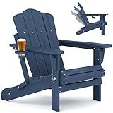 KINGYES Adjustable Folding Adirondack Chair, 3-Position Reclining Adirondack Chairs with Cup Holder, HDPE All-Weather Oversized Adirondack for Outdoor, Patio, Backyard Deck, Fire Pit, Blue