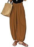 Astylish Womens Summer Boho Lounge Palazzo Pants Casual Elastic Waisted Baggy Wide Leg Y2K Barrel Pants Mustard Large