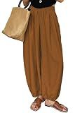 Astylish Women's Casual Elastic High Waisted Boho Harem Pants Mustard Large