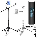 GUITTO Microphone Floor Stand with Phone/Tablet Holder, Adjustable Boom Mic Stand with Heavy-Duty Base, Dual Device Mount for Streaming, Podcasting, Recording, and Live Performances GMS-04