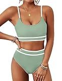BMJL Women's High Waisted Bikini Ribbed Two Piece Swimsuit High Cut Color Block Adjustable Straps Bathing Suit(L,Army Green)