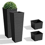 JUMMICO Set of 2 Resin Rattan Tall Planters for Outdoor Plants, Large Tapered Planters with Drainage Holes, Flower Pots for Garden, Patio, Porch, Backyard (Black, 32",Inner Tray)