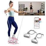 Sunny Health & Fitness Smart Pink Mini Stair Stepper with Resistance Bands | Full body workout, Hydraulic Stepper, SunnyFit App, Resistance Bands, LCD Meter, No assembly, 300 lb Capacity