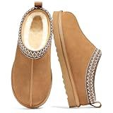 bebealy Genuine Suede Fuzzy Slippers for Women Winter Warm House Shoes Cozy Mini Boots for Indoor Outdoor, Chestnut 39