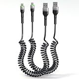 Coiled USB Lightning Cable 2 Pack Apple Carplay[MFi Certified], Coiled USB to Lightning Cable with Data Transmission and LED for Car, Retractable iPhone Charger Cord for iPhone/Pad/Pod