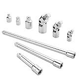 VALUEMAX 9 PCS Socket Accessory Set, Includes 3/8" Drive Extension Bar Set, 1/4", 3/8" & 1/2" Drive Universal Joints and Adapters, Chrome Vanadium Steel with Mirror Finish, Chrome Plated