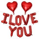 Valentines Day Balloons Decorations Red 10 Pcs 16 Inch - "I Love You" Letter + Heart Balloons with Tape Straws Ribbon for Romantic Party Proposal Wedding Bedroom Valentines Day Decor