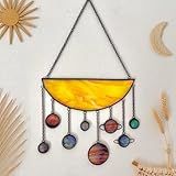 Stained Glass Suncatcher Hanging, Solar System Wall Decor, Galaxy Gift for Space Lovers, Planets Indoor Window Art, Metal Chain Hook, (Solar System)