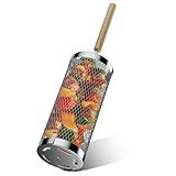 Basinel Rolling Grill Basket,304 Stainless Steel Grill Basket with Removable Wooden Handle,BBQ Tool & Smoker Accessory for Veg & Shrimp,Ideal for Outdoor Cooking,Camping & Gifts for Dad/Husband/Men-Small