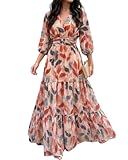 CHICME Women’s Summer Boho Maxi Dress V Neck 3/4 Puff Sleeve Floral Flowy Wedding Guest Vacation Beach Long Dress-mu-M