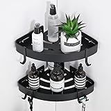 DUFU Adhesive Corner Shower Caddy with Hooks,Bathroom Shower Organizer, No Drilling Rust Proof Aluminum Shower Shelf for Inside Shower 2 Pack (Black)
