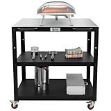 Feasto 36''x 24'' Large Movable Pizza Oven Table for Outdoor, 304 Stainless Steel Grill Cart with Wheels, 3-Shelf Outdoor Kitchen Prep Table Pizza Oven Stand on Wheels for Pizza Oven& Griddle