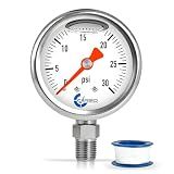 CARBO Instruments 1-1/2" Fuel Pressure Gauge, Stainless Steel Case 304, Chrome Plated Brass Connection, Glycerin Filled, 0-30 Psi, Accuracy 3-2-3%, Lower Mount 1/8" NPT