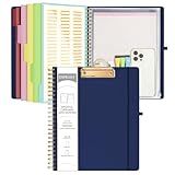 Ospelelf Bule Foldable Spiral Clipboard Folio with Storage Zipper Pouch, 5 Plastic Folders with 10 Pockets, Refillable Lined Notepad (11" x 8.5"), Linen Hardcover Project Organizer