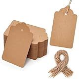 SallyFashion 100pcs Gift Tags with String Attached, 1.7 x 2.8 inch Kraft Paper Hang Tags for Clothes DIY Crafts Wedding Holiday (Brown)