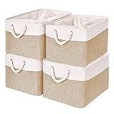 HOdo Home Storage Bins, Fabric Bin with Drawstring Closure and 2 Bold Handles, Collapsible Large Canvas Baskets for Organizing Shelf Nursery Home Closet (15.8×11.8×9.5 In/4-Pack, White and Yellow)