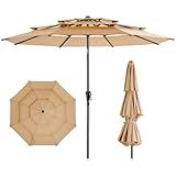 HOMSHADE 9FT 3-Tiers Outdoor Patio Umbrella with 5-Year Fade Resistant,Vented Outdoor Commercial Market Umbrella with UPF50+ UV Protection & Push Button Tilt and Crank for Pool,Backyard(Beige)