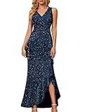 BeryLove Cocktail Sparkly Prom Evening Sequin Midi Mother of The Bride Dresses Formal Wedding Guest Ruffle Long Elegant Birthday V Neck Dress 0099 Navy 2XL