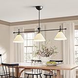 UienVee Linear Chandelier, Modern Chandelier for Dining Room Light Fixture, Dining Light Fixtures with Milk Glass Shade Pendant Lights Kitchen Island for Restaurant, Living Room (Black, 3-Lights)