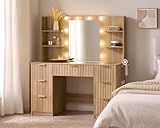 AMERLIFE 47.2" Fluted Vanity Desk with Mirror and Adjustable LED Lights, Large 7 Drawers Makeup Table with Glass Top and Charging Station for Women and Girls, Bedroom or Dorm, Natural Oak