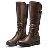 SHIBEVER Women's Knee High Boots Comfortable Round Toe Low Heel Tall Booties with Side Zipper Fall Winter Dressy Shoes Brown Size 8