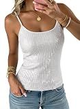 Dokotoo Dressy Tank Tops for Women Metalic Night Out Concert Vacation Sequin Tops Sparkle Shimmer Cami Shirts Adjustable Strap Tops Outfits White Small