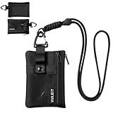 VULKIT Small RFID Wallet for Women & Men – Minimalist Zipper Wallet with ID Window, Keychain & Carabiner, Holds 15 Cards, Water Resistant Travel Lanyard Wallet Black