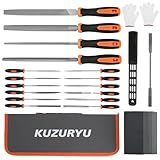 KUZURYU 31PCS Metal File Set - 4 Metal Files for Steel and 12 Needle Files with Steel Brush, Tool Bag, Riffler File, 12 Sandpaper and Gloves, Suitable for Metal and Wood Processing