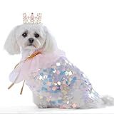 FLAdorepet Dog Princess Dress Costume with Rhinestones Crown,Pet Cat Cape Cloak Birthday Party Wedding Dress Up Outfits,Rainbow Mermaid Halloween Costume Clothes,Small
