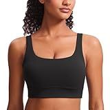 CRZ YOGA Butterluxe U Back Longline Sports Bras for Women - Scoop Neck Padded Yoga Workout Crop Top with Built in Pads Black Large