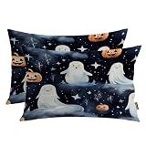 Shrahala Halloween Watercolor Ghosts Pillowcases, Pumpkins Starry Night Sky Clouds Lumbar Pillow Cover with Hidden Zipper Soft Blended for Hair and Skin Set of 2 (26 X 20 in)