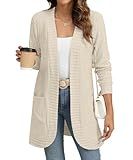 YSYOKOW Women Long Sleeve Open Front Cardigan Casual Lightweight Long Cardigans Loose Knit Outwear with Pockets(Beige, X-Large)