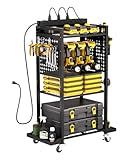 VEVOR 4-Tier Tool Organizer Cart with Charging Station, 8 AC Outlet, Floor Stand Rolling Drill Holder and Tool Battery Storage Rack on Wheels, Garage Floor Rolling Storage Cart for Workshop, Garage