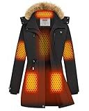 joohoo Heated Jacket Parka for Women, Warming Coat with Rechargeable Battery Pack Included, Electric Graphene Heating, Waterproof Winter, Black, L