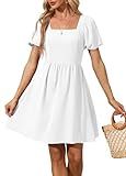 OFEEFAN Short Sleeve Dress for Women Summer White Casual Mini Dressess Square Neck Backless Dress with Side Zipper XL
