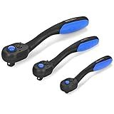 HELAKLS 3-Piece Ratchet Set 1/2" 3/8" 1/4-Inch Drive Socket Wrench Quick-Release Composite Offset Handle Reversible Gear Spanner for Gift 72-Tooth