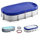 UIRWAY Upgraded 15x30 ft Oval Winter Pool Cover- 200gsm Heavy Duty Fabric Pool Cover for Above Ground Pools, Extra Thick & Durable, Cold and UV Resistant, Includes Winch and Cable Set