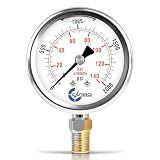 CARBO Instruments 2000 PSI Glycerin Liquid Filled Pressure Gauge, 2.5" Dial, 1/4 NPT Lower Mount, 304 Stainless Steel Case, Brass Wetted Parts, Dual Scale PSI/Bar - ASME B40.1 Grade A