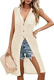 Cakulo Womens Sleeveless Crochet Cardigans Beach Cover Up 2025 Summer Fall Fashion Long Knit Sweater Vest Tops Apricot M